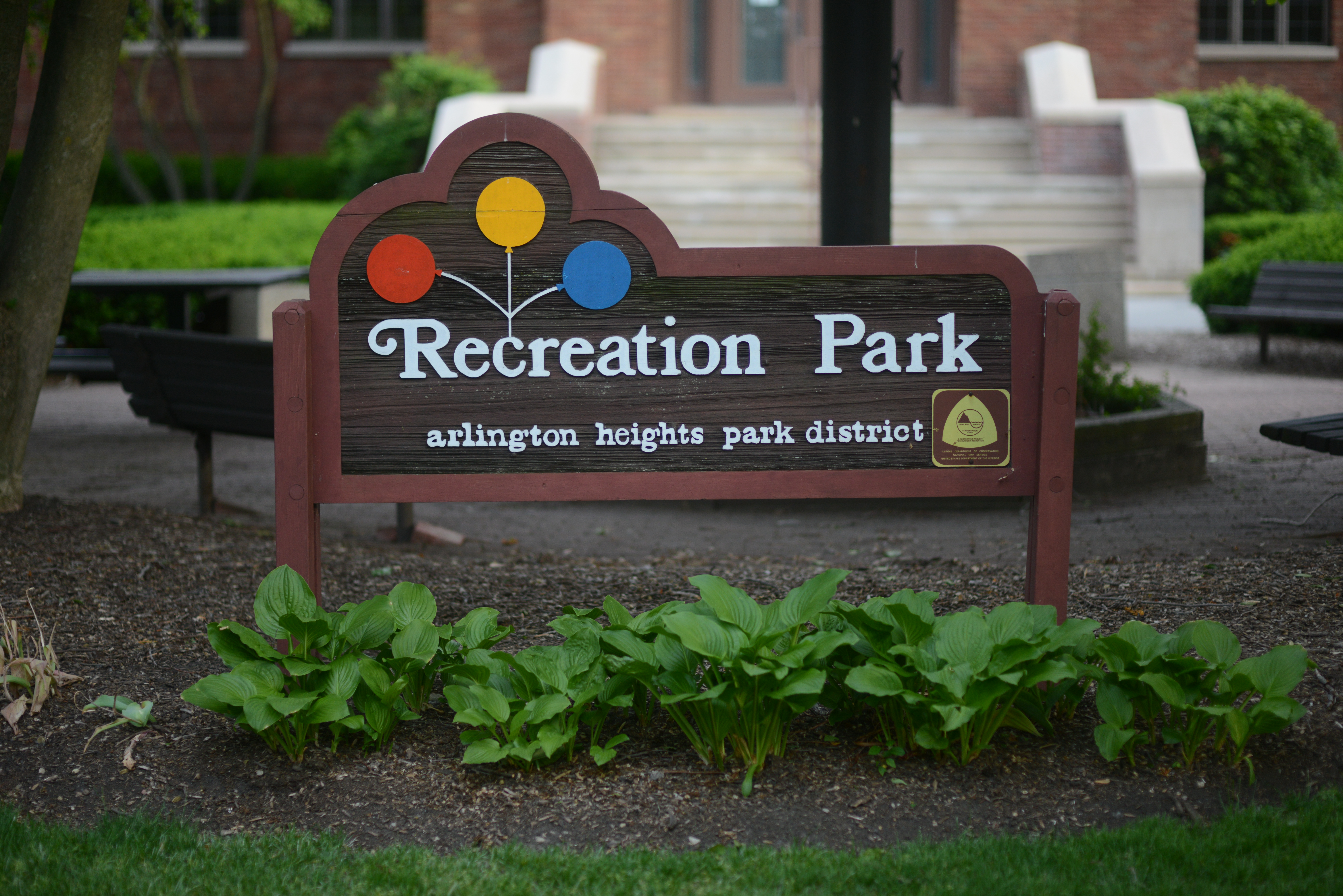 An outdoor sign for Recreation Park, Arlington Heights Park District.